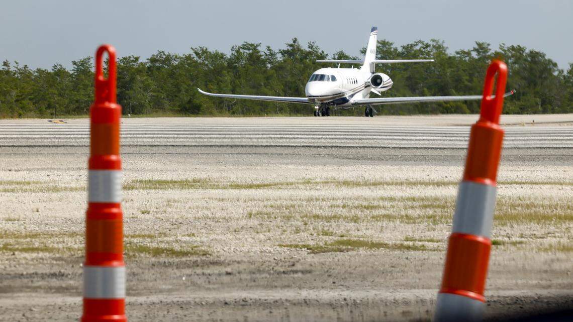 A jet is seen on the tarmac outside Alligator Alcatraz in Ochopee, Florida on Friday, July 25, 2025. 