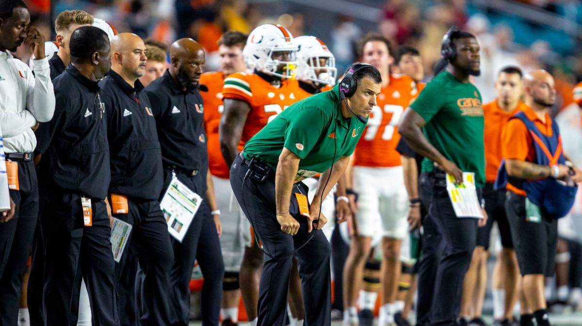 University of Miami head coach Mario Cristobal reacts on the sidelines during an ACC football game against Florida State University at Hard Rock Stadium in Miami Gardens on Saturday, November 5, 2022.