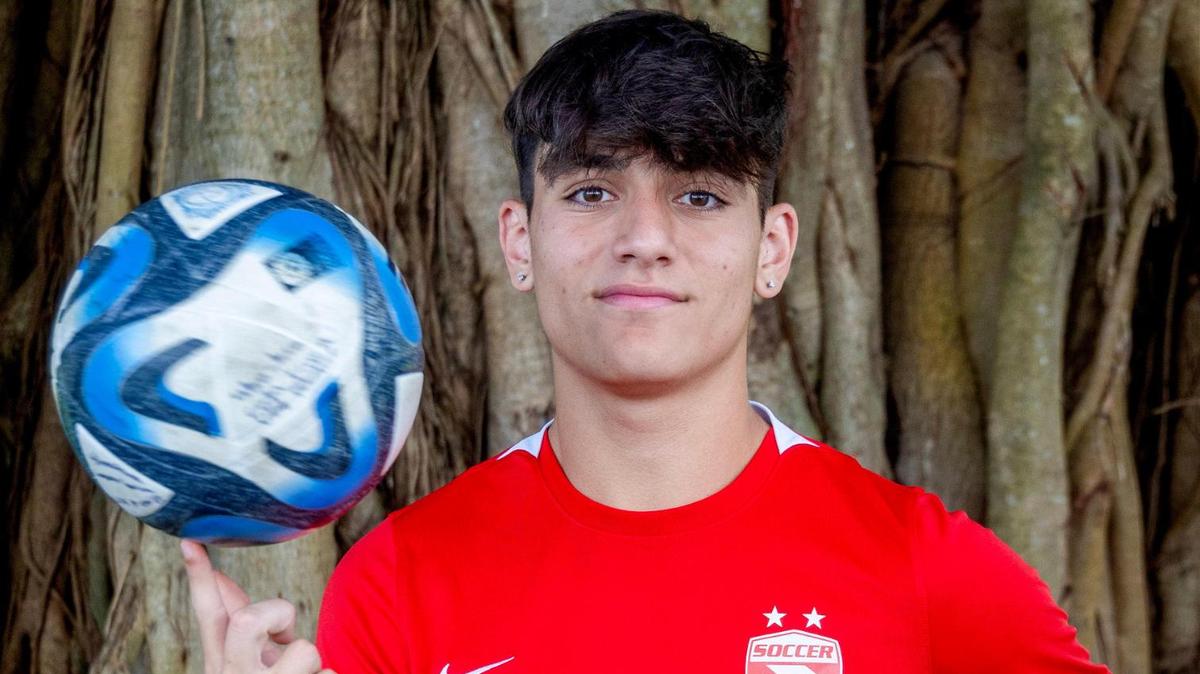 All-Dade POY for boys’ soccer, midfielder Yitzhak Calatrava, 17, Doral Academy Prep, is photographed at Ad Barnes Park on March 7, 2024 in Miami, Florida.