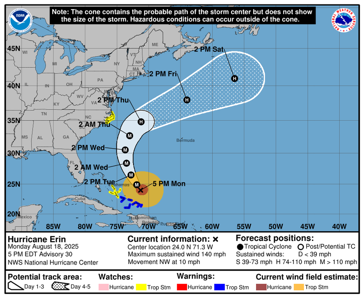 A tropical storm watch was issued for North Carolina’s Outer Banks ahead of Hurricane Erin’s passage this week.