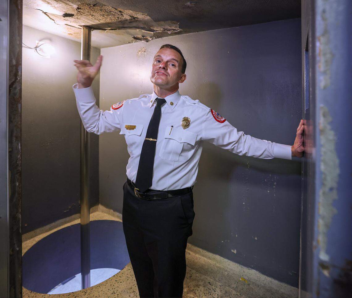 The City of Miami Fire Chief Robert Hevia tours Fire Station 1, built in 1964, where mold, water intrusion, and outdated equipment are hampering effective emergency response and community safety during a press tour with the mayor and other officials. Miami Mayor Eileen Higgins toured the city's police and fire facilities in Miami, Florida on Monday, April 20, 2026. Higgins is proposing a general obligation bond to fund critical repairs and upgrades to aging public safety buildings, citing concerns over deteriorating conditions that threaten effective emergency response and community safety.