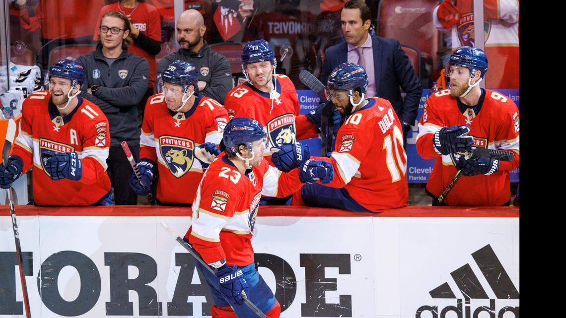Florida Panthers center Carter Verhaeghe (23) celebrate with the bench after scoring a goal during the third period of Game 5 of a second round NHL Stanley Cup series against the Washington Capitals at FLA Live Arena on Wednesday, May 11, 2022 in Sunrise, Fl.