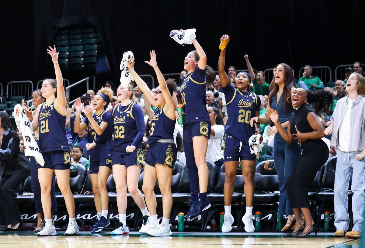 The Notre Dame Fighting Irish cheer during the last miniute of the game against the Miami Hurricanes on Thursday, Feb. 20, 2025, at Watsco Center in Coral Gables, Fla. The Hurricanes lost.