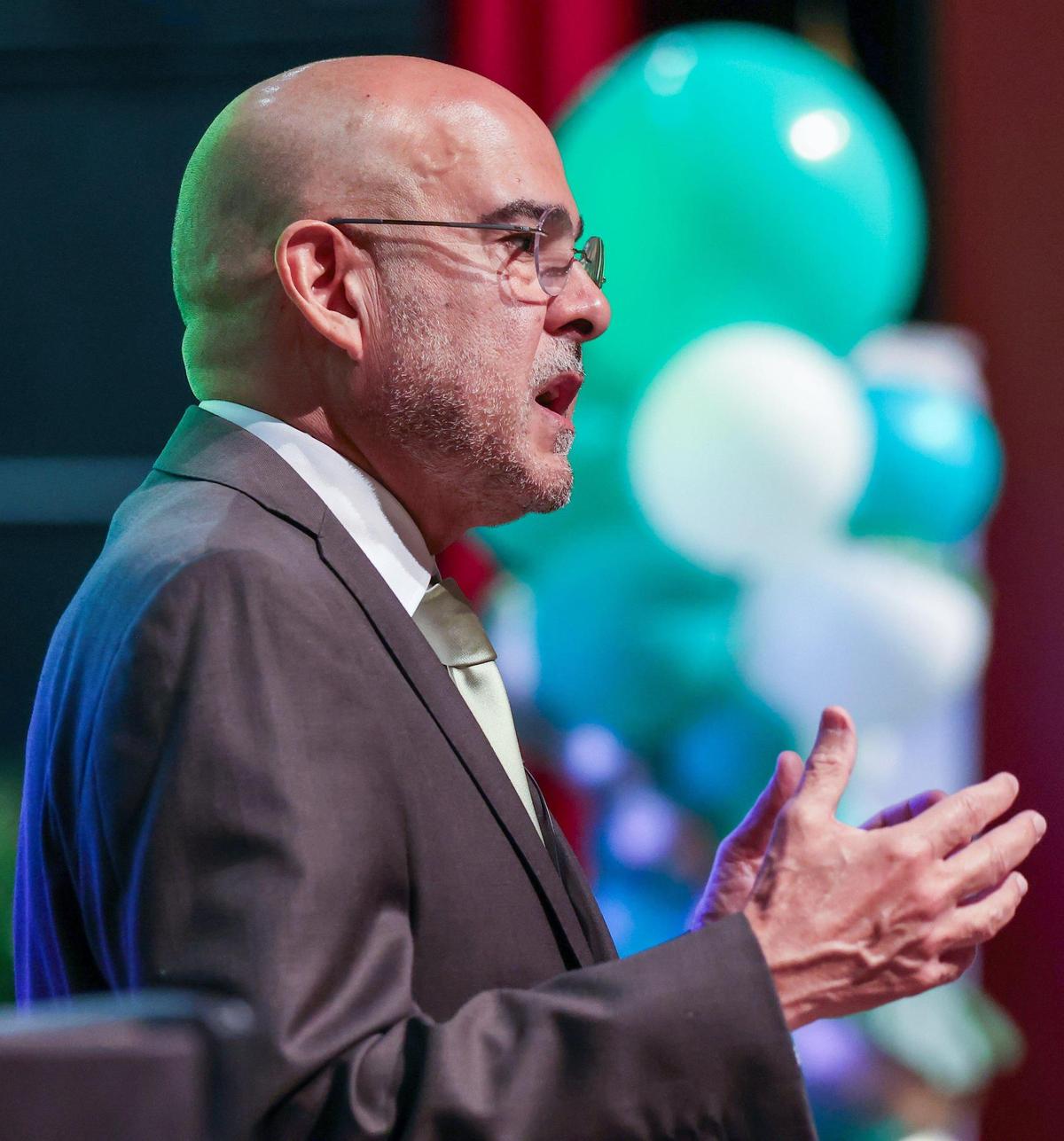 Superintendent Dr. Jose L. Dotres offers welcome greetings to about 450 new teachers at the New Teacher Orientation at Hialeah Gardens Senior High on Monday, August 7, 2023.