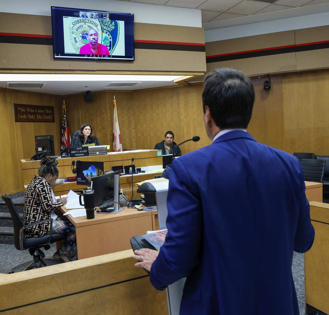 Antonio Brown, on the screen, appears for his bond hearing via Zoom requesting bail after his attorney, Mark Eiglarsh, right, filed a written plea of “not guilty” to the attempted murder charge in Bond Court (Courtroom 1-5) with Judge Mindy S. Glazer, center, presiding at the Richard E. Gerstein Justice Building on Wednesday, November 12, 2025, in Miami, Florida.