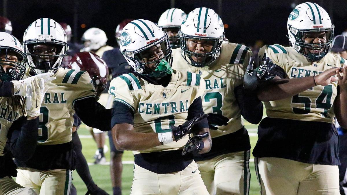 Miami Central Rockets wide receiver Anjuan Coleman (6, center) celebrates a touchdown agains Norland Vikings during the regional final playoff football game on Friday, November 23, 2023 at Traz Powell Stadium in Miami.