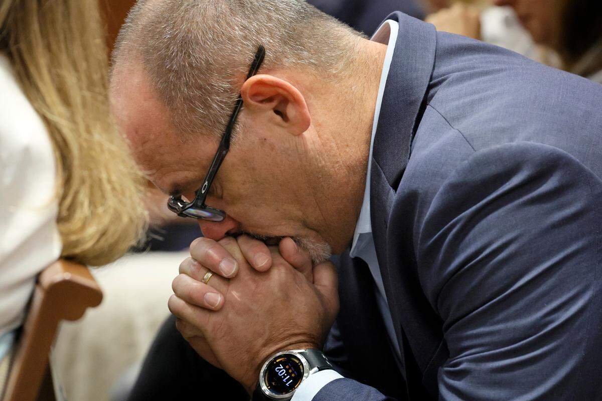 Fred Guttenberg reacts as he awaits a verdict in the trial of Marjory Stoneman Douglas High School shooter Nikolas Cruz at the Broward County Courthouse in Fort Lauderdale on Thursday, Oct. 13, 2022. Guttenberg’s daughter, Jaime, was killed in the 2018 shootings. 