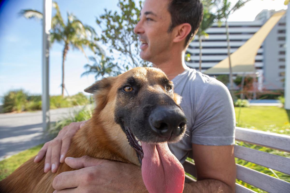 Rian Maercks’ dog Schiele was taken from his car two years ago. Maerks recently reunited with the pup after it showed up at Miami-Dade Animal Services. Pictured, Maercks holds Schiele Nov. 26, 2019, outside his Edgewater condo building.