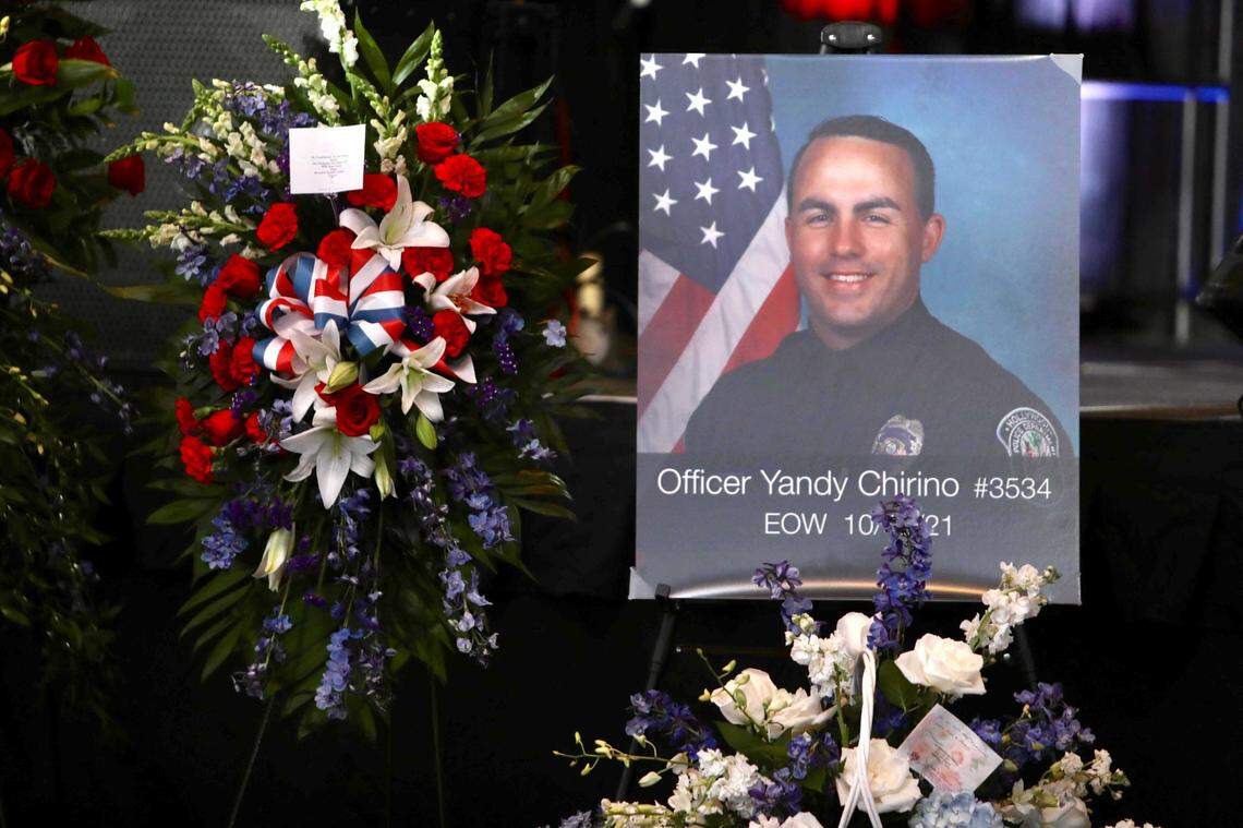 Personal items of slain Hollywood Police Officer Yandy Chirino were on display at FLA Live Arena (formerly BB&T Center) before the funeral service on Nov. 1, 2021. Chirino was killed during a late-night altercation on Sunday, Oct. 17 with a teenage suspect. 