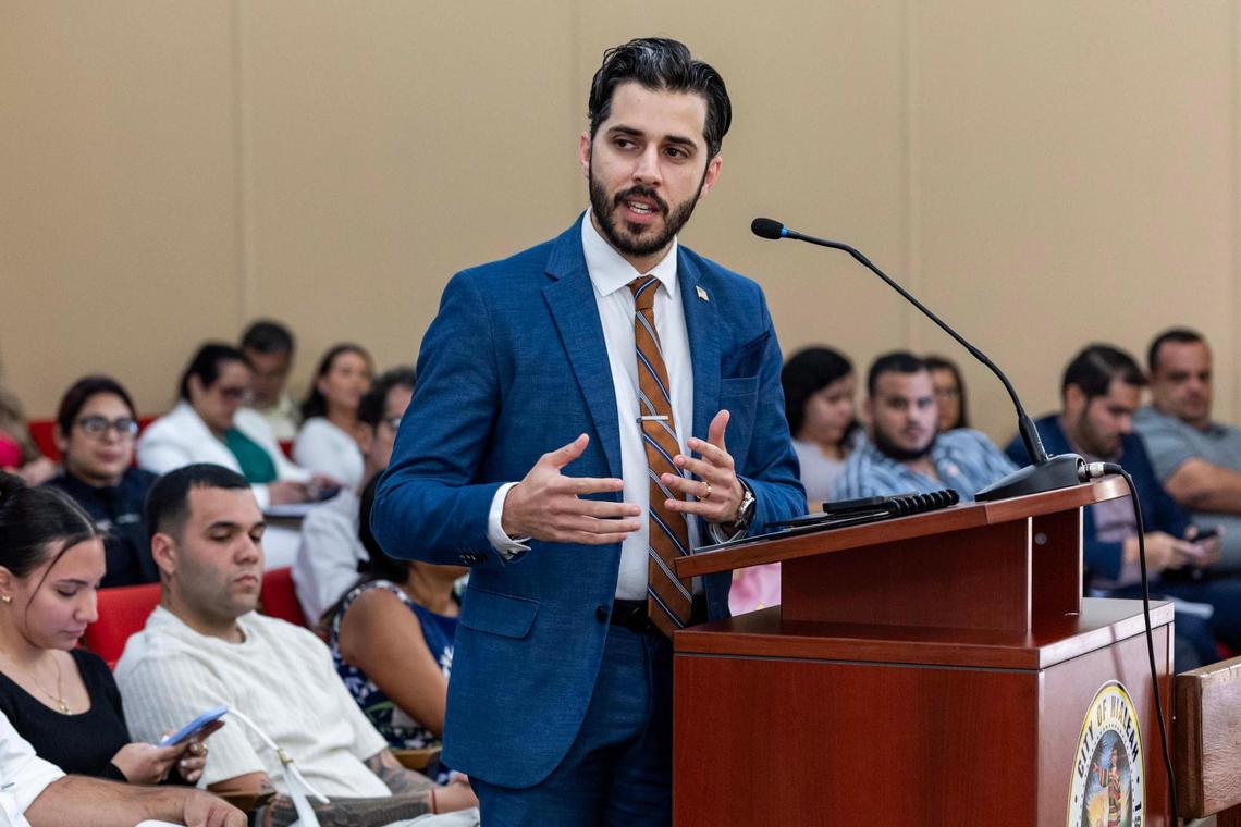 Luis Morales speaks about his candidacy during a Hialeah City Council meeting Tuesday.