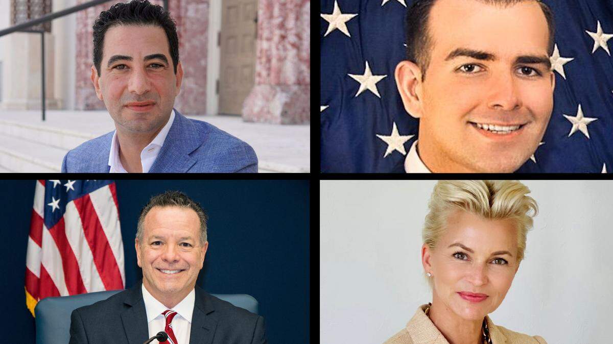 Candidatos del Grupo 3 a la Comisión de Miami Beach, en el sentido de las agujas del reloj desde la parte superior izquierda: Stephen Cohen, Alex Fernández, Melissa Beattie y Michael Barrineau.