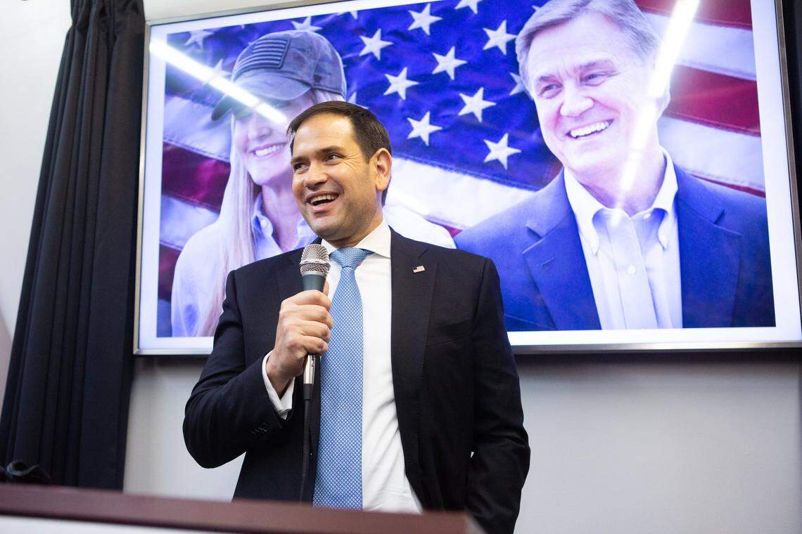 Senator Marco Rubio (R-FL) campaigns for Republican U.S. Senate candidates David Purdue and Kelly Loeffler during a Save Our Majority campaign rally on November 11, 2020, in Marietta, Georgia.