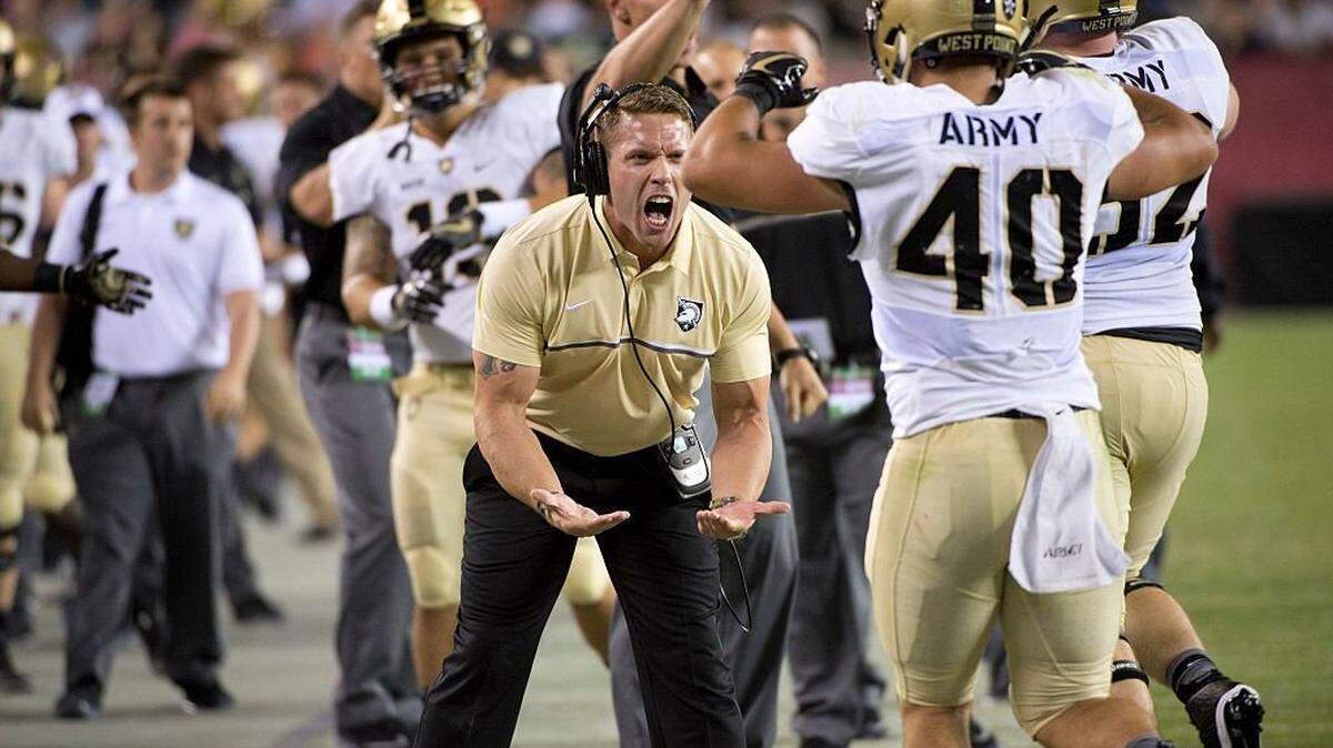 September 2, 2016: Assistant Coach Mike Viti celebrates a touchdown by Army RB Andy Davidson (40) in the second half during the game between the Army Black Knights and Temple Owls at Lincoln Financial Field in Philadelphia, PA. (Photo by Kyle Ross/Icon Sportswire via Getty Images)