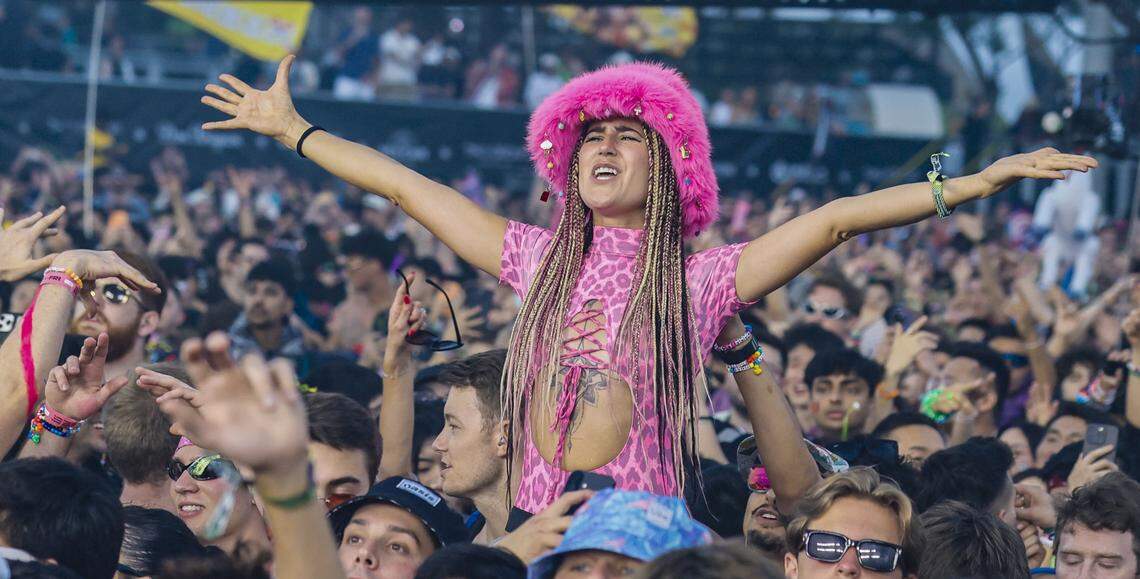 Ultra attendees react during the performance by Illenium at the Main Stage at Ultra Music Festival in Miami, Florida, on Friday, March 27, 2026.