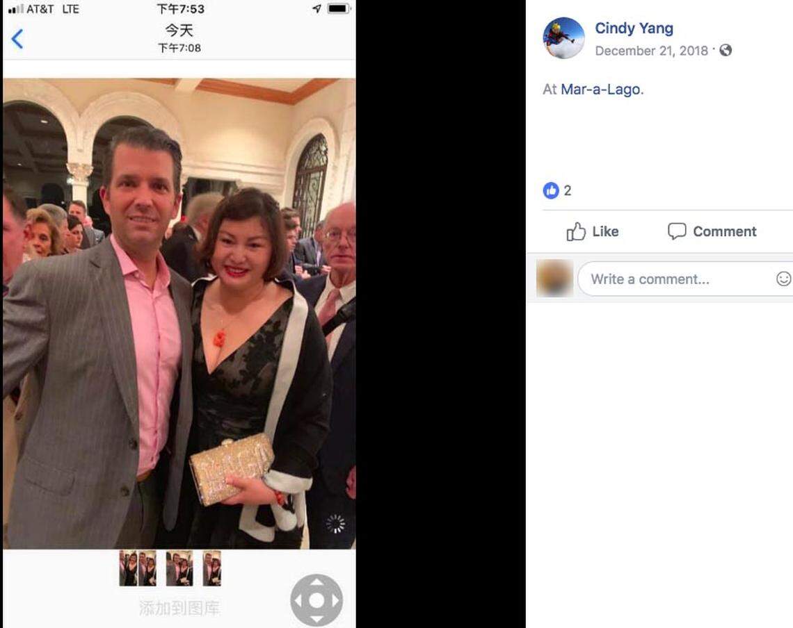 Cindy Yang appears with Donald Trump Jr. at a Mar-a-Lago gala in late 2018.