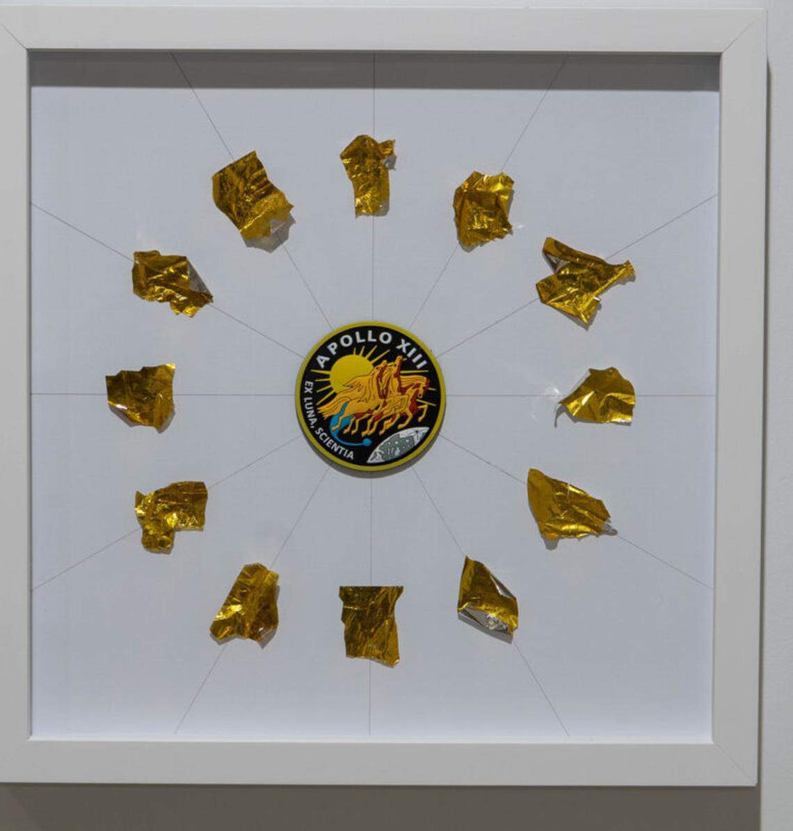 Untitled (Kapton Foil), 2024, acquired objects. A small sculptural work arranged with a dodecagonal framework incorporating Kapton foil used on many missions to protect the capsule from overheating.