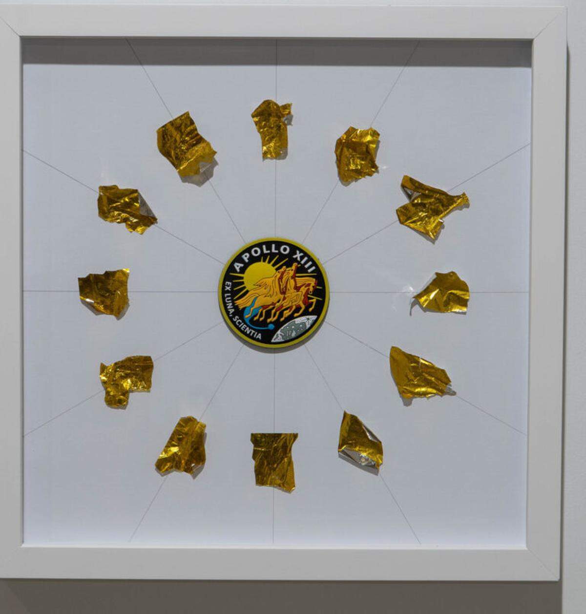 Untitled (Kapton Foil), 2024, acquired objects. A small sculptural work arranged with a dodecagonal framework incorporating Kapton foil used on many missions to protect the capsule from overheating.