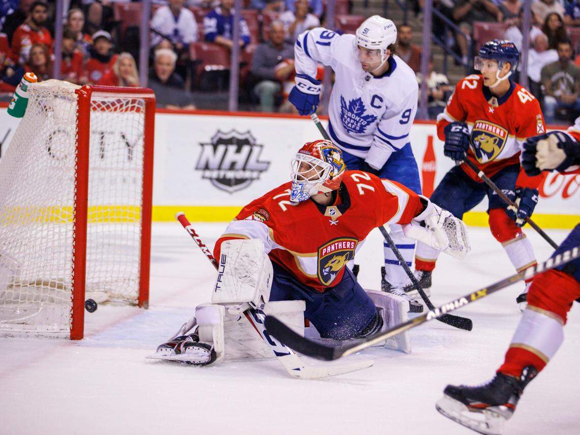 Florida Panthers goaltender Sergei Bobrovsky (72) unable to stop shot by Toronto Maple Leafs right wing William Nylander (88) during the first period of an NHL game at the FLA Live Arena on Tuesday, April 5, 2022 in Sunrise, Fl.