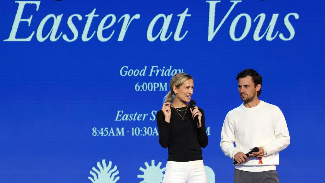 VOUS Pastors DawnCheré Wilkerson and Dakota Duron address the congregation during Palm Sunday service in Miami Gardens. VOUS, one of the fastest growing churches in Miami, opened its fourth location in Miami Gardens in January 2024.