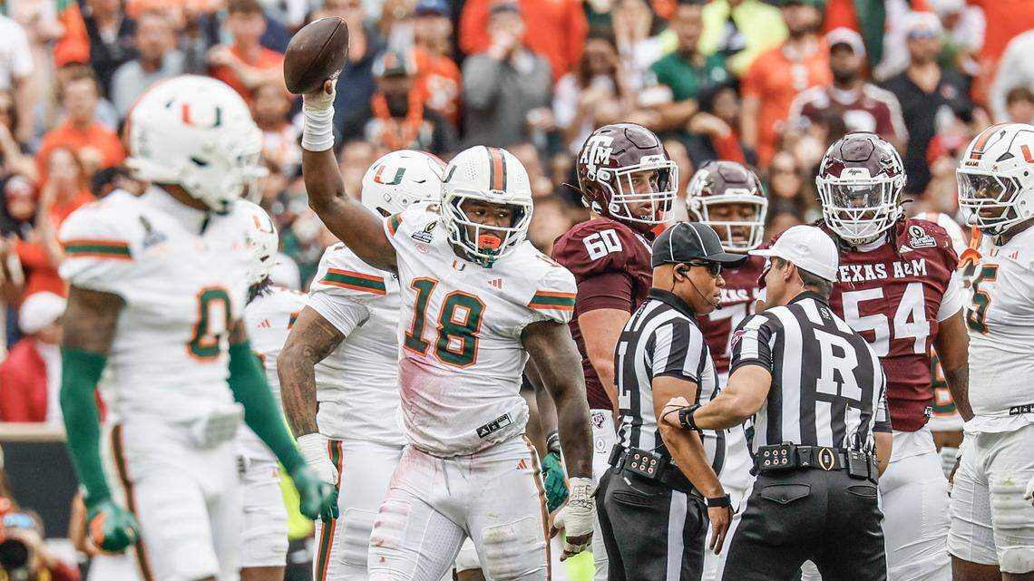 Miami Hurricanes defensive lineman Armondo Blount (18) reacts after recovering a fumble by Texas A&M Aggies quarterback Marcel Reed (10) in the first half of the first round of the 2025 College Football Playoff at Kyle Field at College Station, Texas, on Saturday, December 20, 2025.