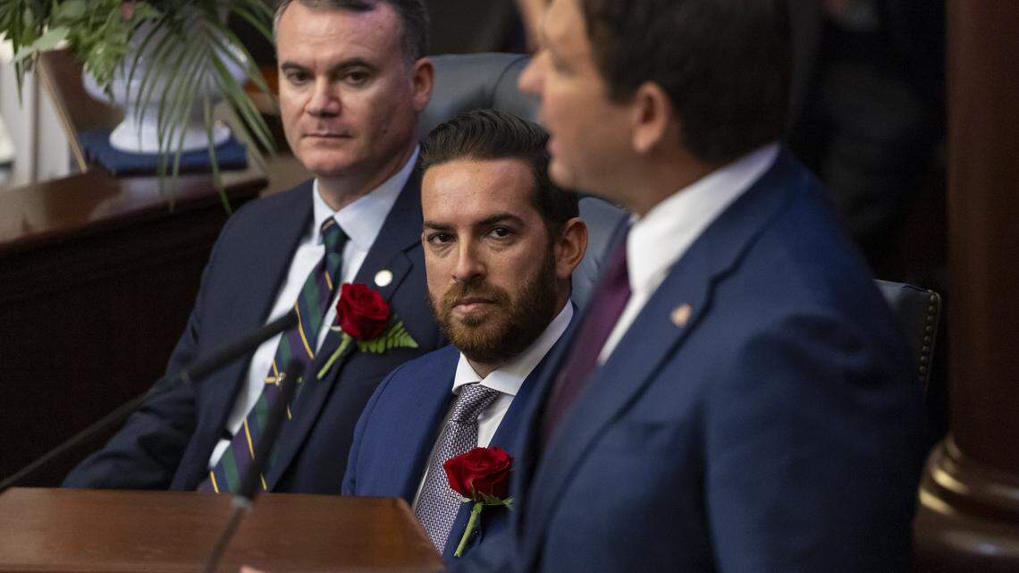Florida Governor Ron DeSantis delivers his State of the State address as Florida House Speaker Daniel Perez, R-Miami, listens during the first day of the legislative session at the Florida State Capitol on Tuesday, March 4, 2025, in Tallahassee, Fla.