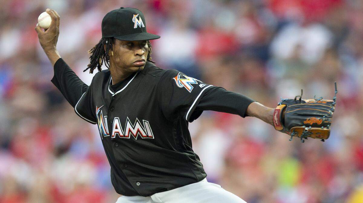 Miami Marlins starting pitcher Jose Urena throws during the first inning of the team’s baseball game against the Philadelphia Phillies, Saturday, Aug. 4, 2018, in Philadelphia. (AP Photo/Laurence Kesterson)