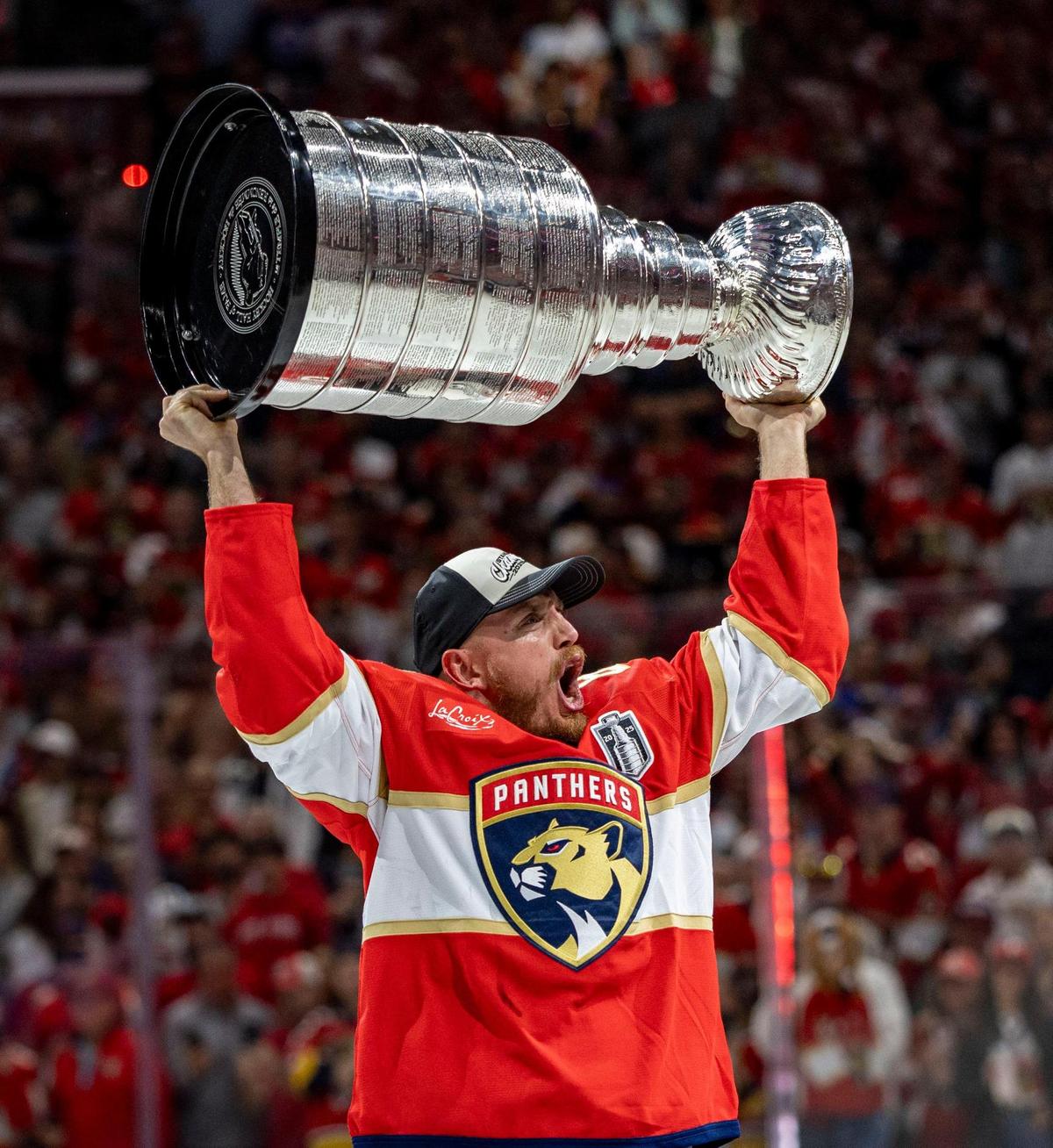 Florida Panthers defenseman Nate Schmidt (88) lifts the Stanley Cup after the Panthers defeated the Edmonton Oilers in Game 6 on Thursday, June 17, 2025, in Sunrise, Fla.