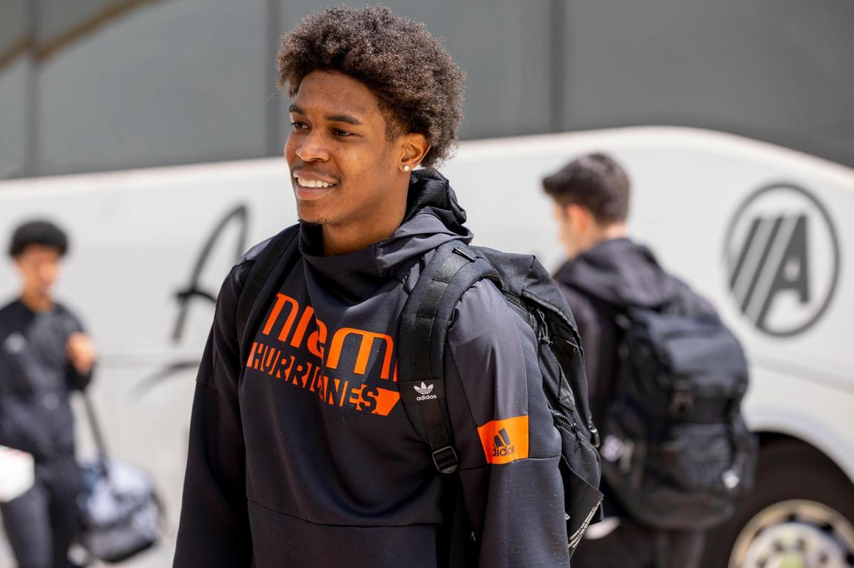 University of Miami guard Kameron McGusty waits to speak with media before hopping on a bus to New York for the ACC Tournamnet, outusde Watsco Center in Coral Gables, Florida, on Tuesday, March 8, 2022.