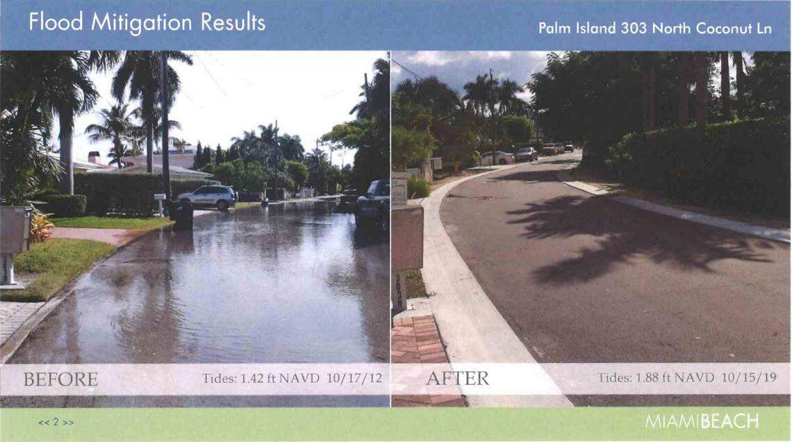 This before and after photo set shows the results of a $40.9 million road raising and drainage project in Palm and Hibiscus Islands in Miami Beach, which a recent report from the city’s inspector general found had permit problems and cost overruns.