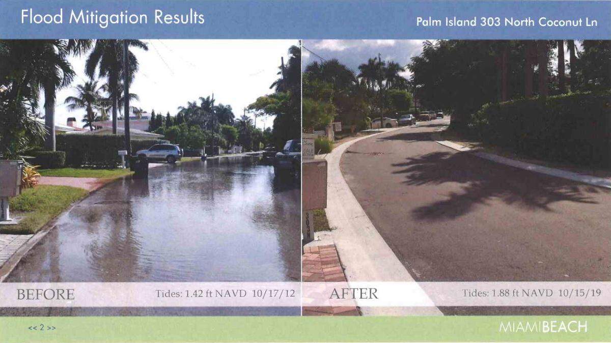 This before and after photo set shows the results of a $40.9 million road raising and drainage project in Palm and Hibiscus Islands in Miami Beach, which a recent report from the city’s inspector general found had permit problems and cost overruns.