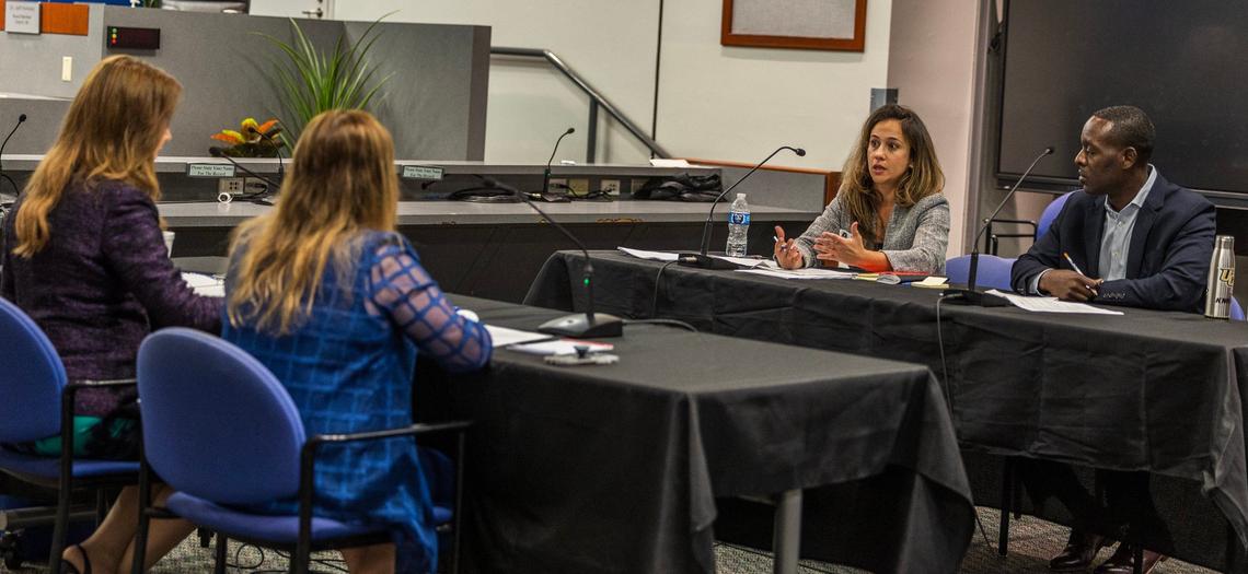 Lawyer Carmen Manrara Cartaya, who represents Howard Hepburn, the new superintendent of the Broward County Public Schools, speaks during a meeting to negotiate his new contract with the school board general counsel Marilyn Batista and the board Chair Lori Alhadeff, at the school board offices, on Friday April 26, 2024.