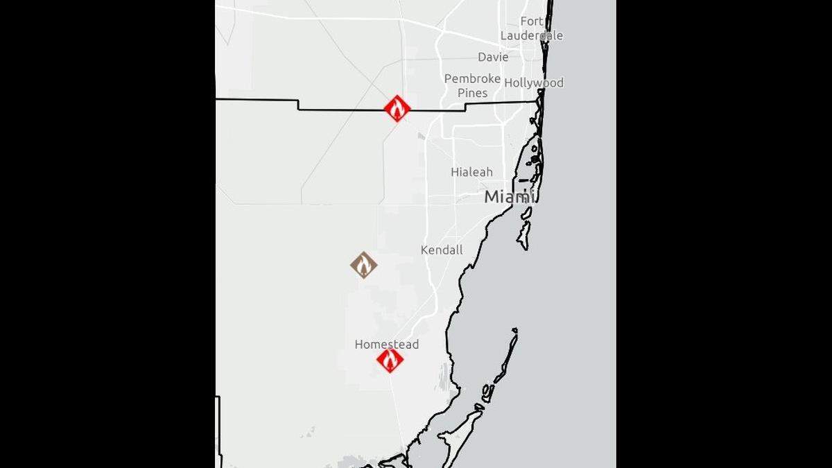 A Florida Department of Agriculture map shows the location of two large wildfires impacting South Florida.