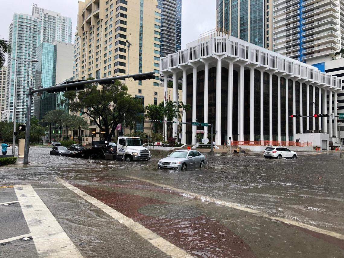 Cars are stranded at the intersection of SW 13th Street and Brickell Avenue on Monday, November 9, 2020 with rains cause by Tropical Storm Eta.