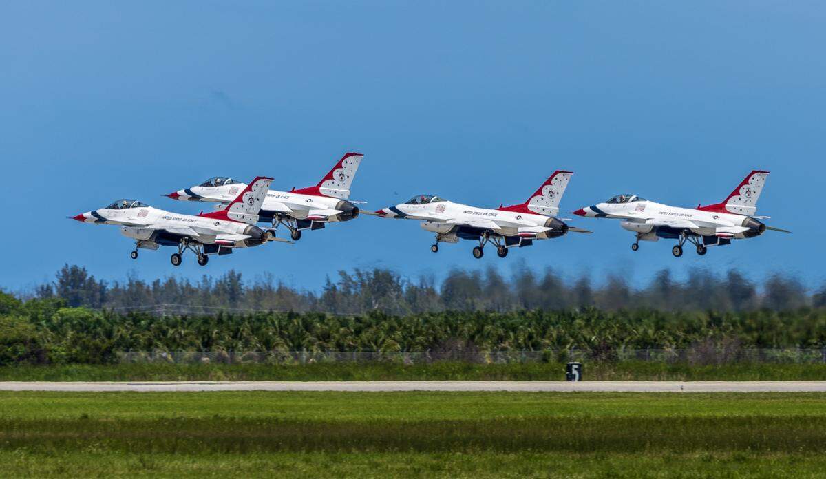 Thunderbirds F-16 Fighting Falcon takes off during a practice flight as part of the Air Force’s “Hometown Hero” program ahead of the Hyundai Air & Sea Show over Memorial Day weekend.