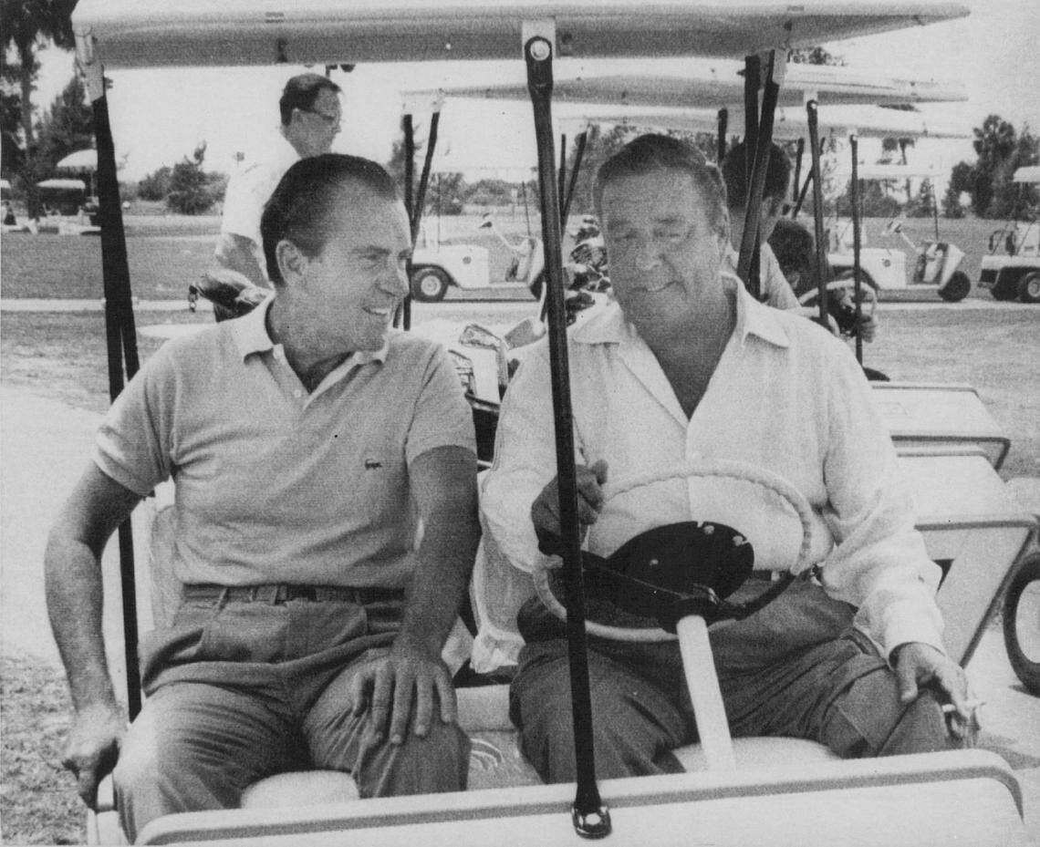 President Richard M. Nixon rode a golf cart with comedian Jackie Gleason at the wheel while playing 18 holes of golf in Miami in 1969.