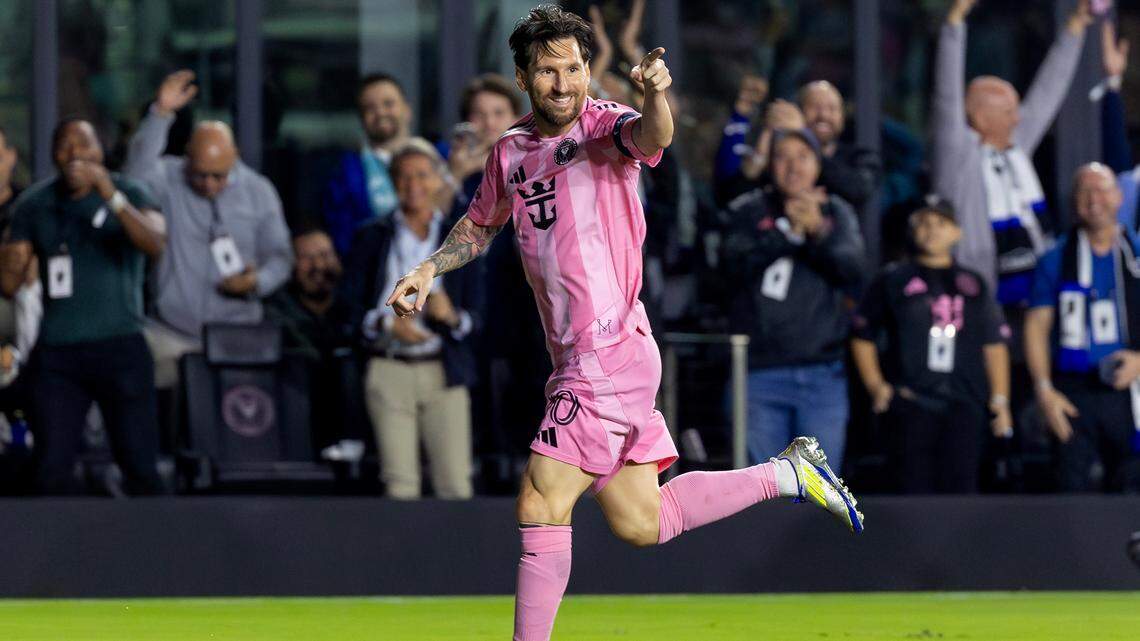 Inter Miami forward Lionel Messi (10) celebrates after scoring a goal against Sporting Kansas City in the first half of their Concacaf Champions Cup match at Chase Stadium on Tuesday, Feb. 25, 2025, in Fort Lauderdale, Fla.