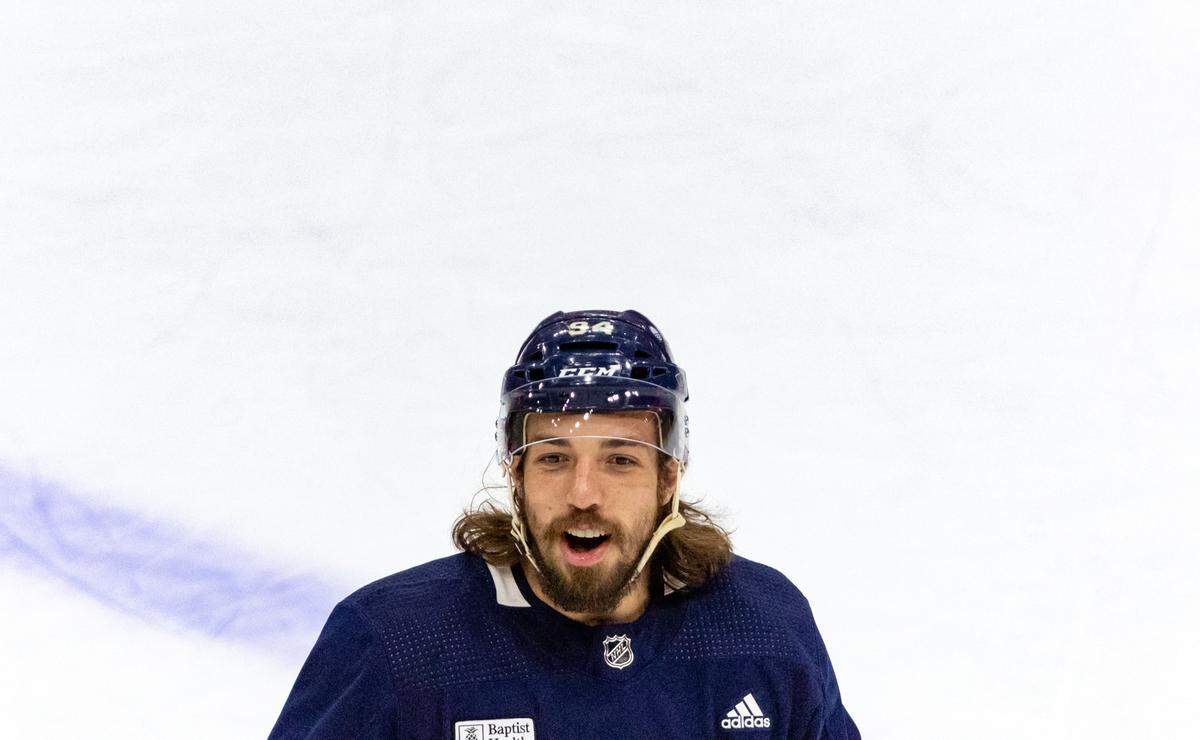Florida Panthers left wing Ryan Lomberg (94) reacts after a play during practice in preparation for Game 1 of the Stanley Cup Finals against the Edmonton Oilers at the Amerant Bank Arena on Friday, June 7, 2024, in Sunrise, Fla.