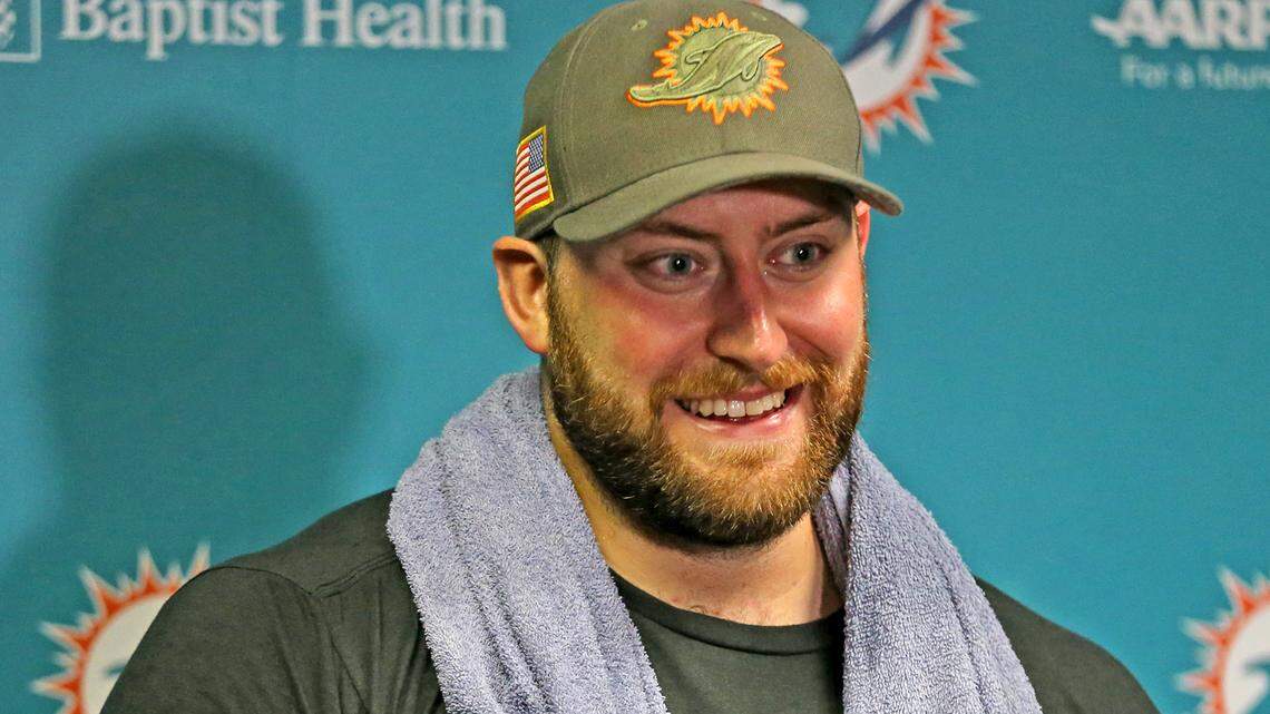 Miami Dolphins offensive lineman Jesse Davis talks to the media after OTAs at the Miami Dolphins training facility in Davie.