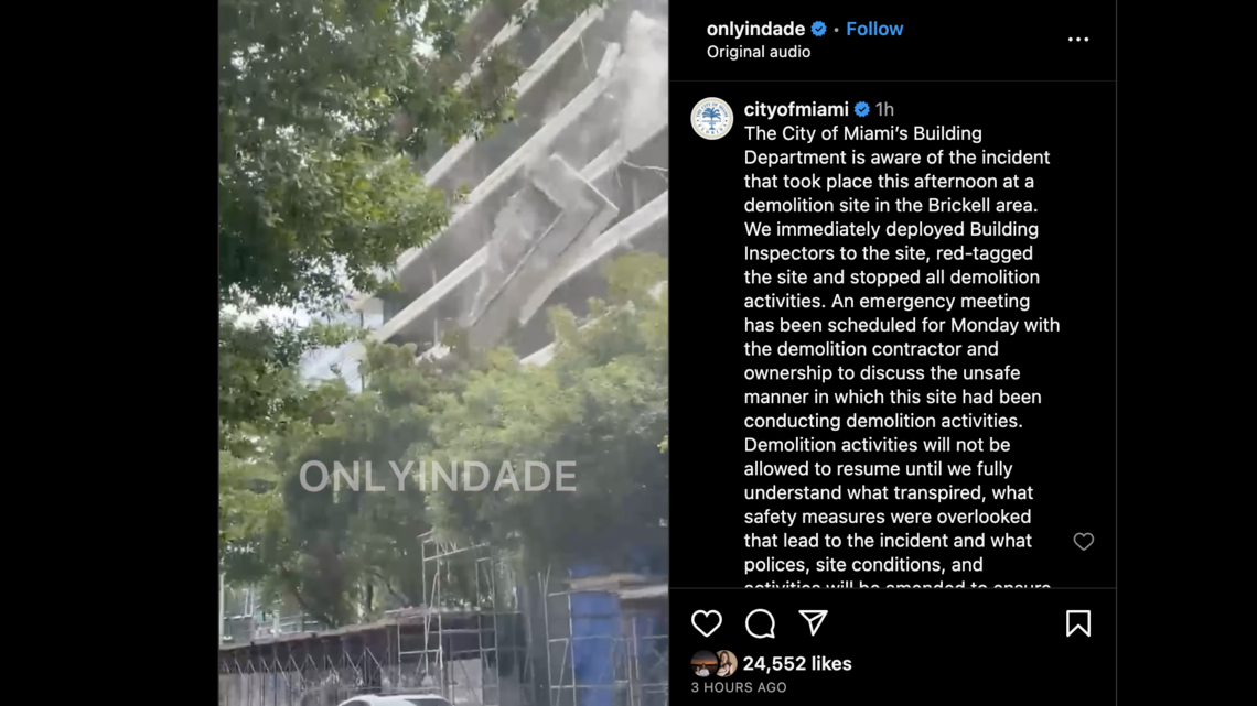 Part of a building in Brickell collapsed onto a street. Will the demolition continue?
