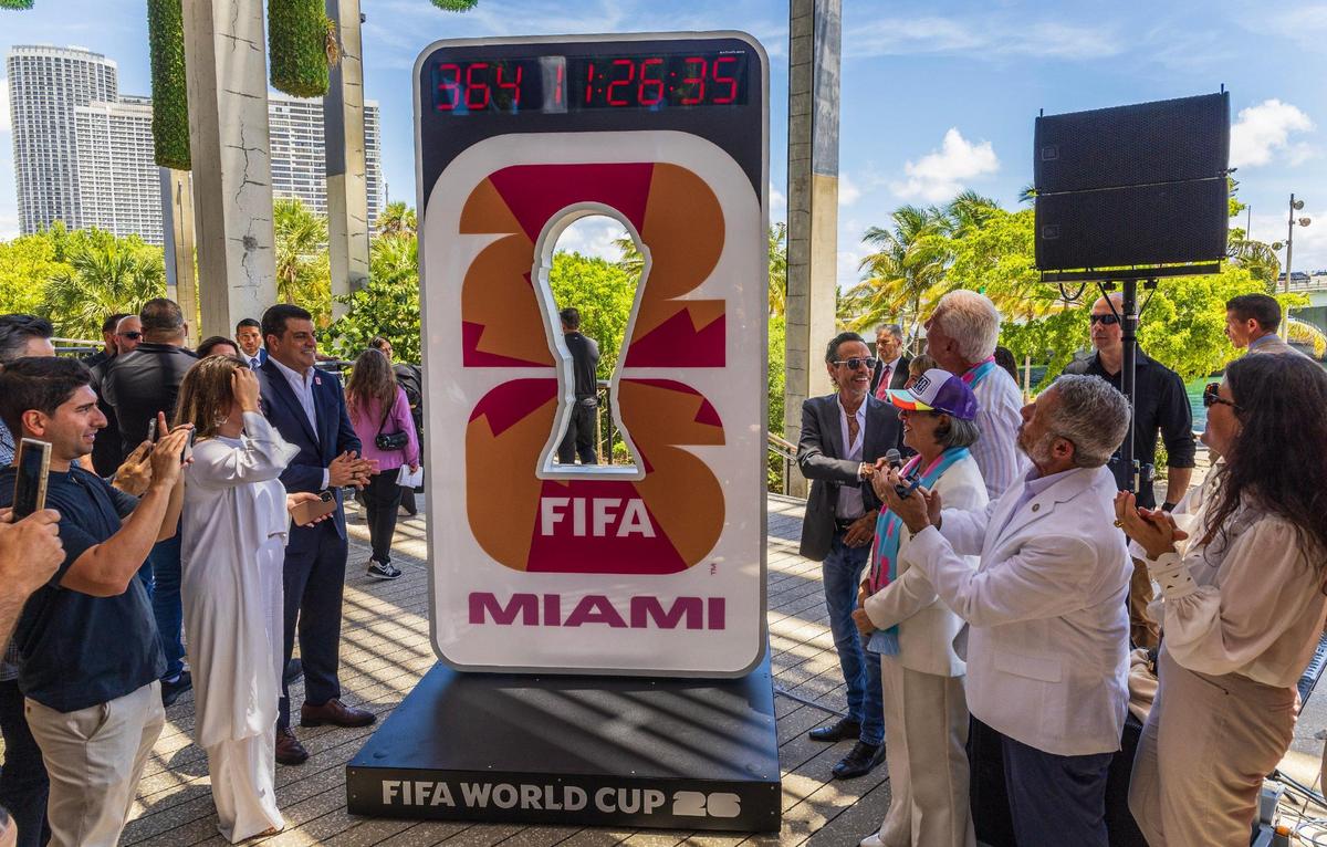 Miami-Dade County elected officials joined singer Marc Anthony and co-chairman Rodney Barreto as they unveiled the official kick off final countdown clock, during the ‘One Year Out’celebration at the Pérez Art Museum Miami on Wednesday.