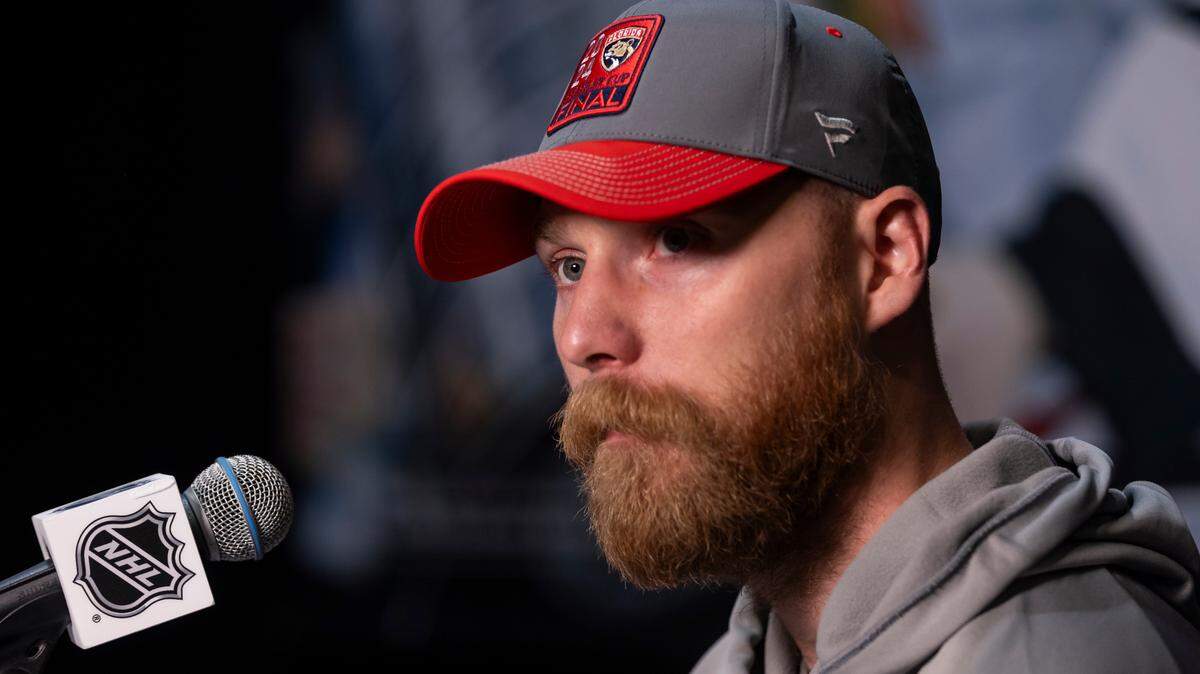 Florida Panthers center Sam Bennett (9) speaks during a media availability at the Stanley Cup Finals ahead of Game 1 against the Edmonton Oilers at the Amerant Bank Arena on Friday, June 7, 2024, in Sunrise, Fla.