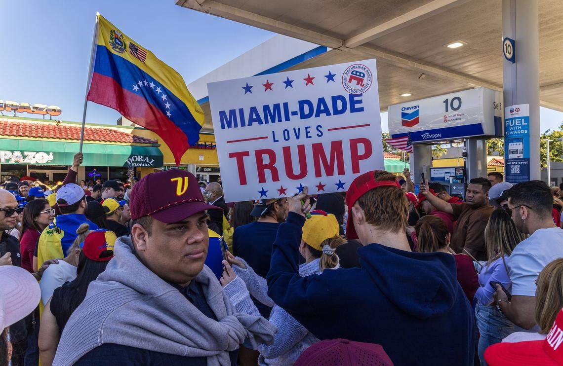 President Donald J. Trump supporters joined a group of Venezuelan exiles living in South Florida celebrating outside of El Arepazo in Doral, Florida, after the United States attacked Venezuela and captured Venezuelan leader Nicolás Maduro,  on Jan. 3, 2026.