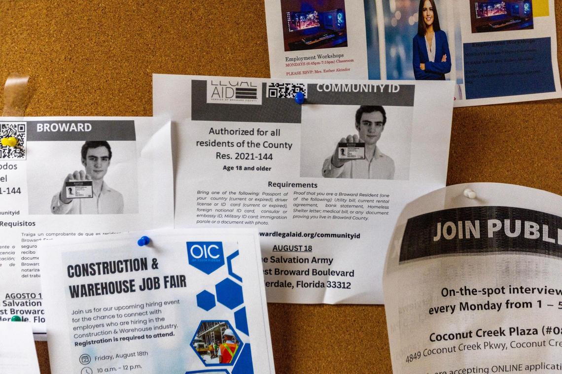 A flyer is posted inside a Slavation Army for a community ID event hosted by Legal Aid Service of Broward County in Fort Lauderdale, Florida, on Friday, August 18, 2023.