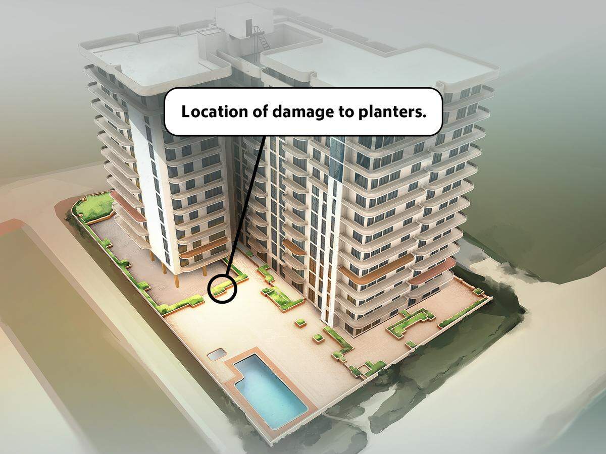 Location of a large crack discovered in a planter on the western pool deck of Champlain Towers South just weeks before the slab below it collapsed.