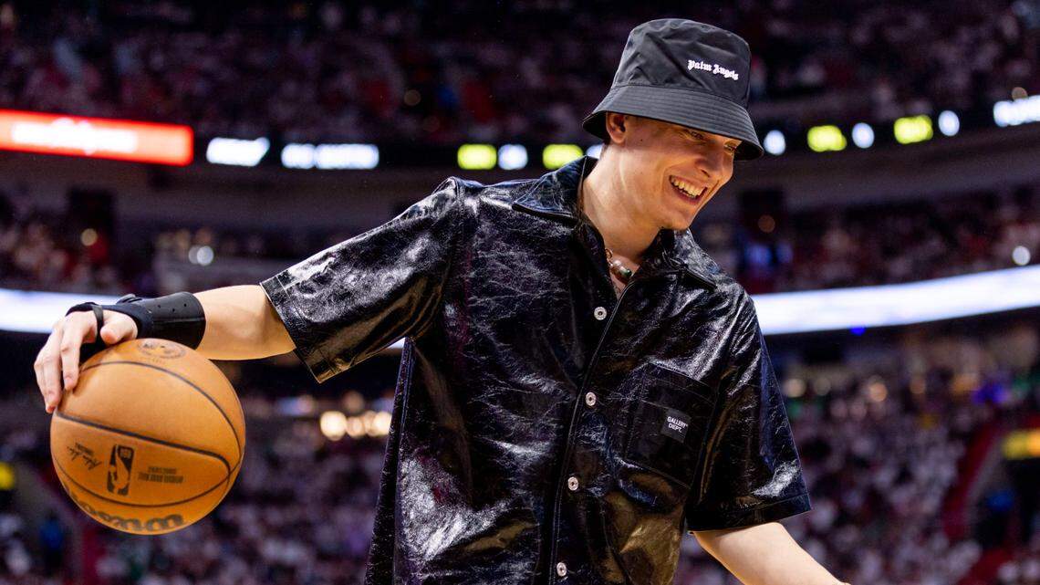Miami Heat shooting guard Tyler Herro dribbles the ball during the first half of Game 3 of the NBA Eastern Conference Finals series against the Boston Celtics at Kaseya Center in Miami, Florida, on May 21, 2023. Herro was cleared to resume non-contact basketball work on Tuesday after breaking his right hand in the opening game of the team’s playoff run.