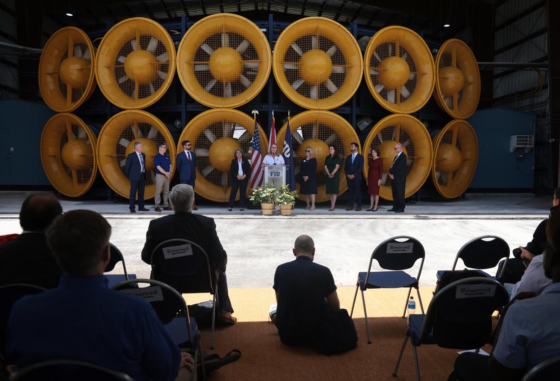 FEMA Administrator Deanne Criswell, center, announces a new federal initiative to modernize building codes across the nation to prepare for disasters and climate change. She spoke at Florida International University’s Wall of Wind on Wednesday, June 1, 2022.