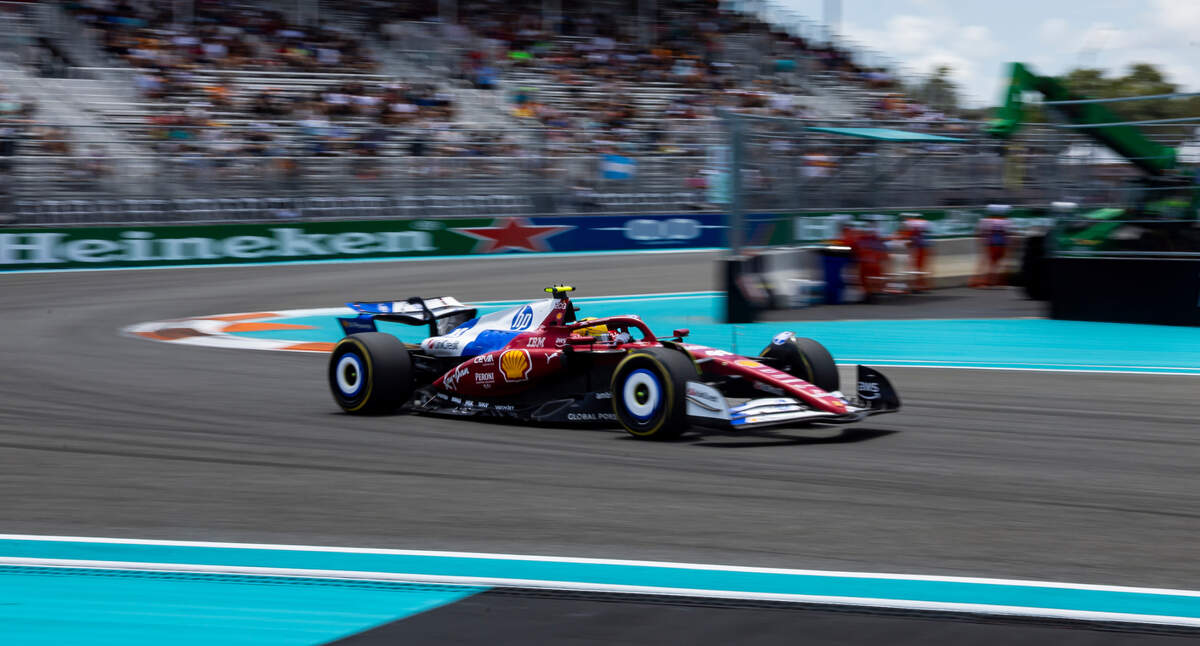 Scuderia Ferrari driver Lewis Hamilton of Britain takes a turn during a practice session on the first day of the Formula One Miami Grand Prix at the Miami International Autodrome on Friday, May 2, 2025, in Miami Gardens, Fla.