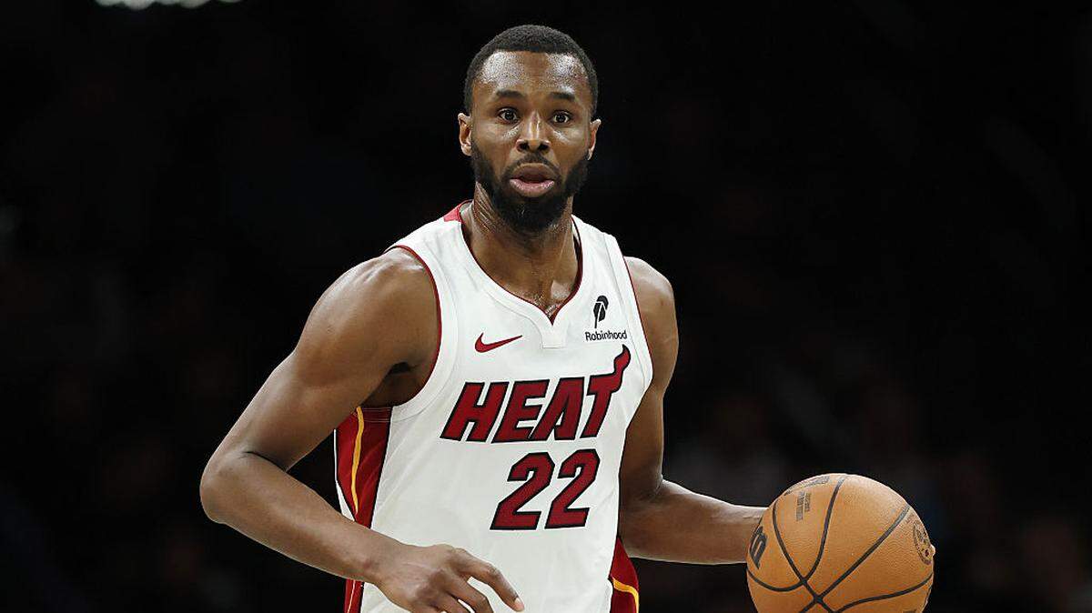 Andrew Wiggins #22 of the Miami Heat dribbles during the second half against the Brooklyn Nets at Barclays Center on December 18, 2025 in the Brooklyn borough of New York City.