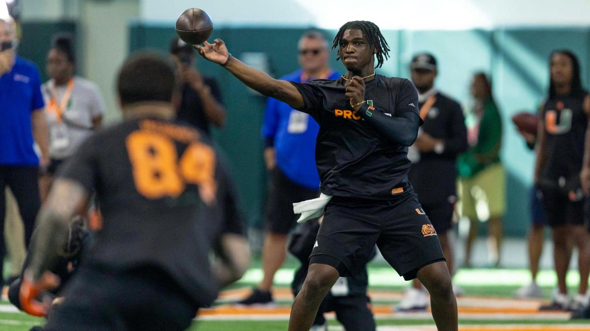 Former Hurricanes QB Cam Ward throws the ball during University of Miami’s Pro Day at Carol Soffer Indoor Practice Facility on Monday, March 24, 2025, in Miami, Florida.