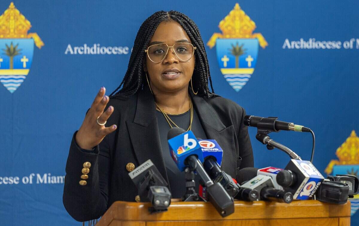 Vanessa Joseph, managing attorney of Catholic Legal Services speaks during a press conference to address the recent U.S. Supreme Court decision regarding Temporary Protected Status at the Archdiocese of Miami Pastoral Center, Miami Shores, Fla., on Thursday, June 25, 2026.